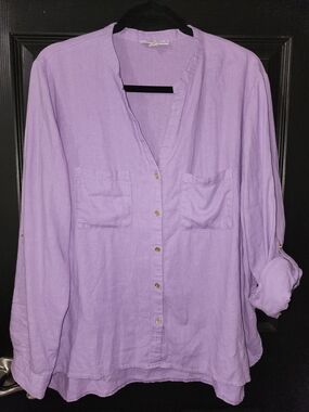 Anne Klein Lavender Button-Front Pocket Shirt